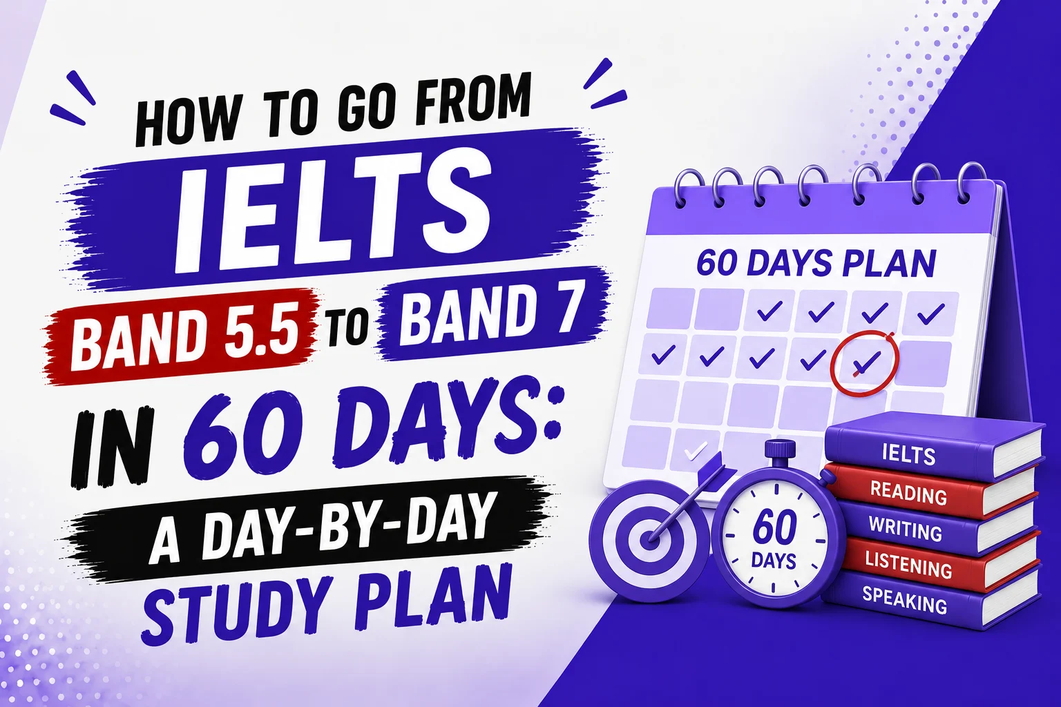 Professional IELTS preparation banner showing the journey from Band 5.5 to Band 7 in 60 days. The design features a purple and white color scheme with a 60-day study plan calendar, IELTS preparation books, a stopwatch, and target icons, highlighting a structured day-by-day study roadmap for achieving a higher IELTS score.