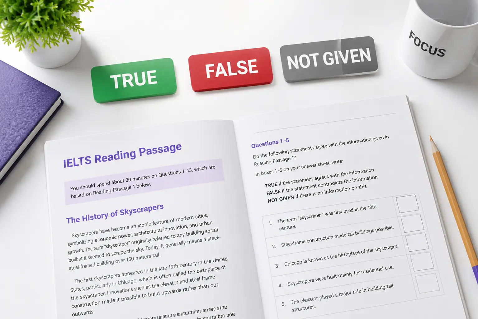 IELTS True / False / Not Given method TRUE FALSE NOT GIVEN answer options on exam paper